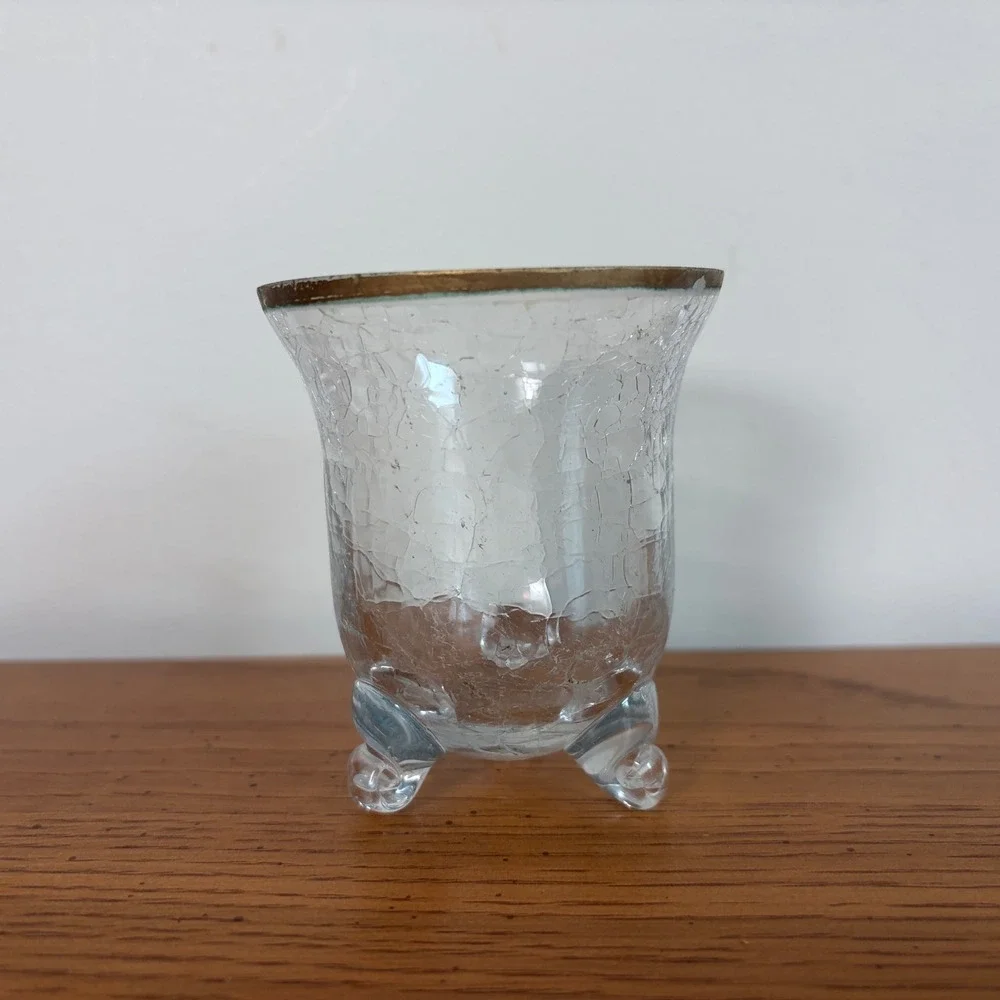 Vintage Clear Crackle Glass Footed Votive Holder Gold Rim Tripod Base